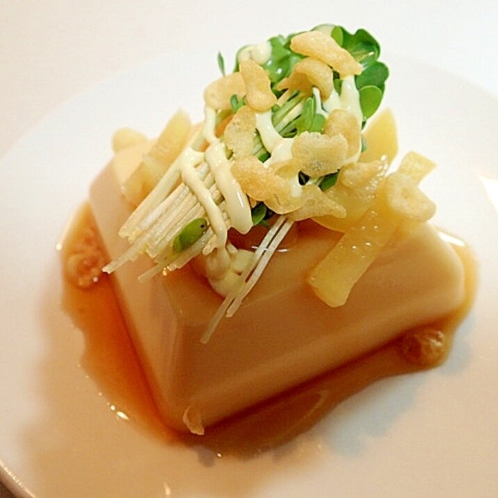 つゆ/マヨで 沢庵とかいわれ大根と天かすの卵豆腐